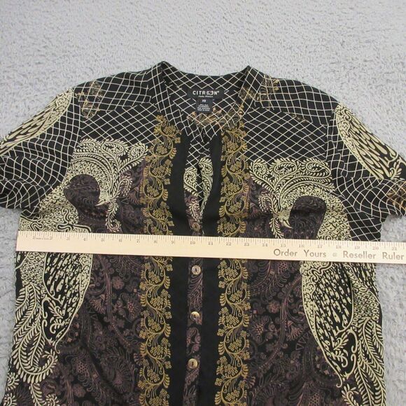 Citron Santa Monica Silk Shirt Blouse Top size XS FLAW Asian Band Collar Peacock - Picture 10 of 12